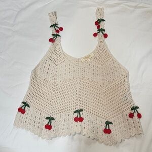 Rebellion Cream Crochet Tank Top with Red Dangling Cherry Accents